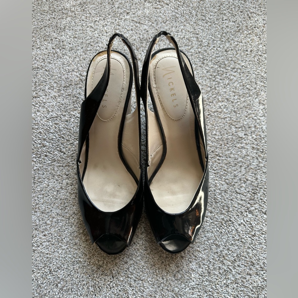 Nickels Black Patent Peep-Toe Slingback Heels